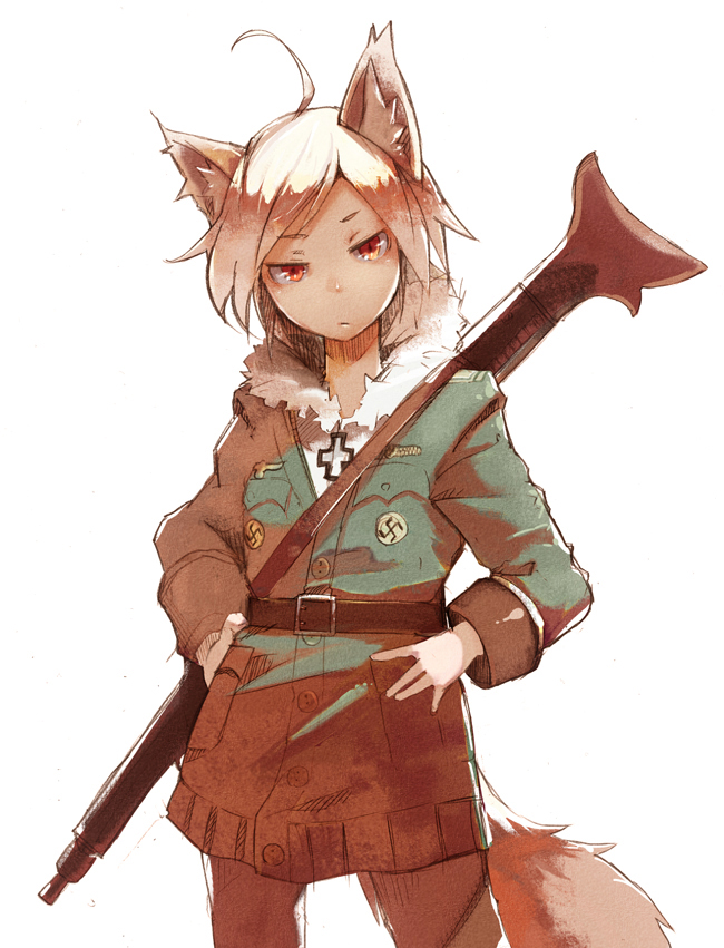 ahoge, albino, animal_ears, copyright_request, fur_trim, gun, hands_on_hips, jacket