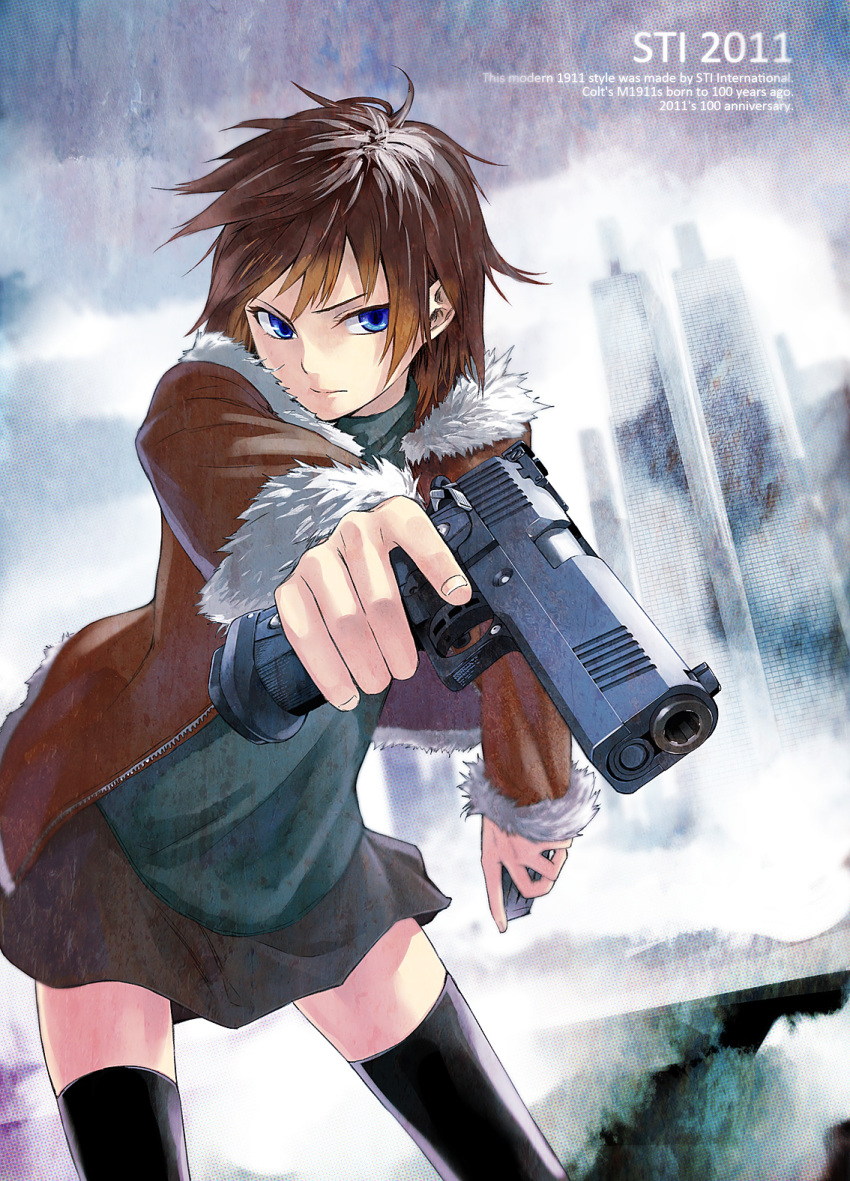 fur_trim, gou_(double_trigger), gun, handgun, highres, jacket, m1911, magazine_(weapon)