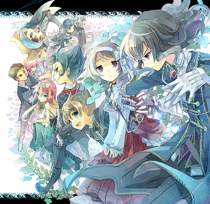 6+boys, baton_(instrument), bow, brown_hair, cravat, dress, formal, fruit_punch