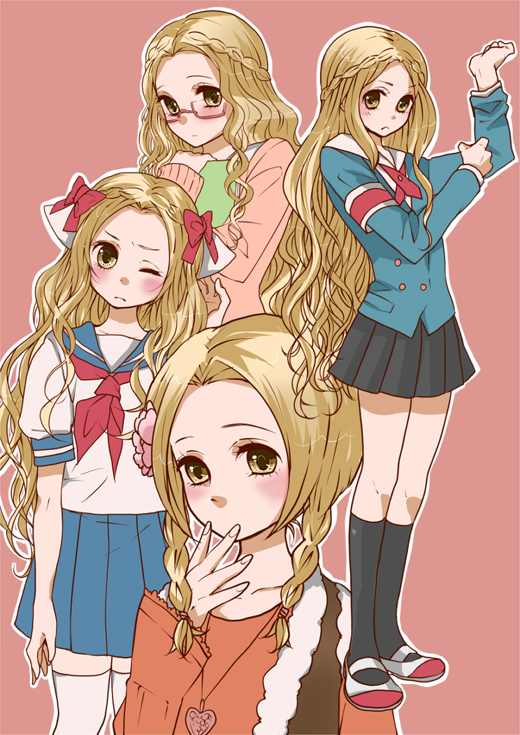 artist_request, bad_id, black_legwear, blonde_hair, blush, braid, crossdressinging, footwear, glasses, hair_ribbon, jewelry, kneehighs, long_hair, looking_at_viewer, necklace, pink_background, pleated_skirt, ribbon, school_uniform, serafuku, shoes, sket_dance, skirt, socks, sweater, thighhighs, trap, tsubaki_sasuke, twin_braids, uwabaki, white_legwear, wink, yellow_eyes, zettai_ryouiki