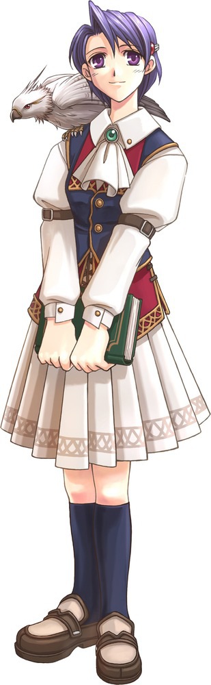 bird, bird_of_prey, bird_on_shoulder, black_legwear, book, cravat, dress, eiyuu_densetsu, falcom, klose_rinz, kneehighs, official_art, purple_eyes, purple_hair, shoes, short_hair, smile, solo, sora_no_kiseki, v_arms, violet_eyes, white_background, white_dress