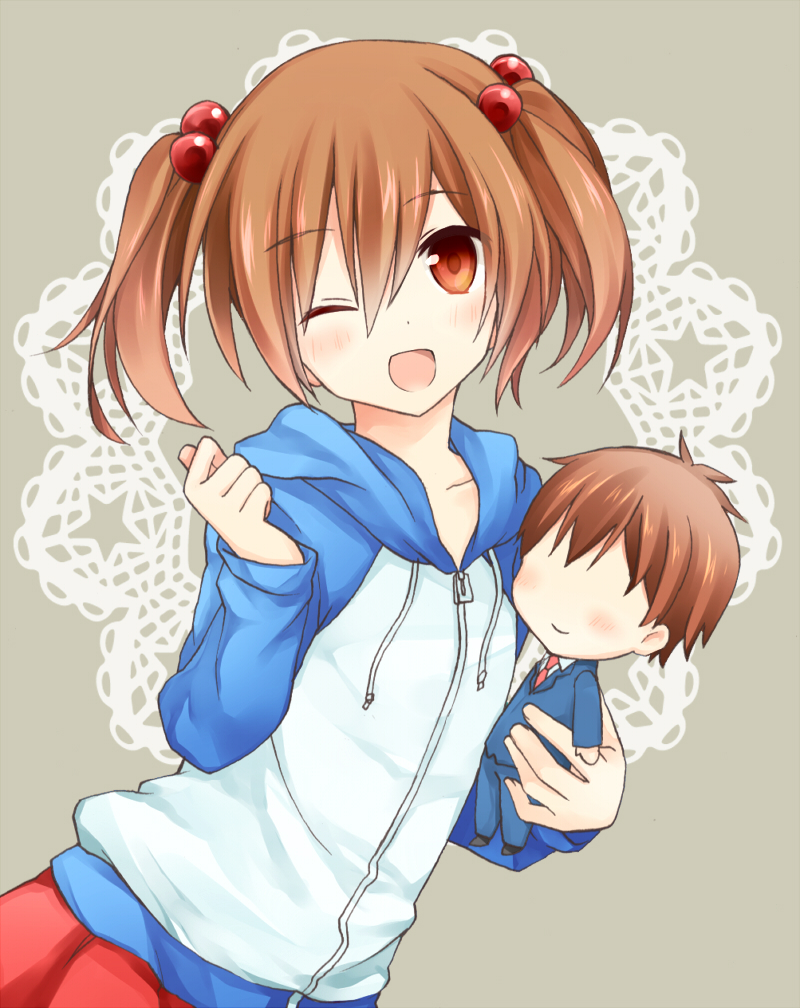 ;d, blush, brown_hair, character_doll, gakuen_handsome, hair_bobbles, hair_ornament, hoodie