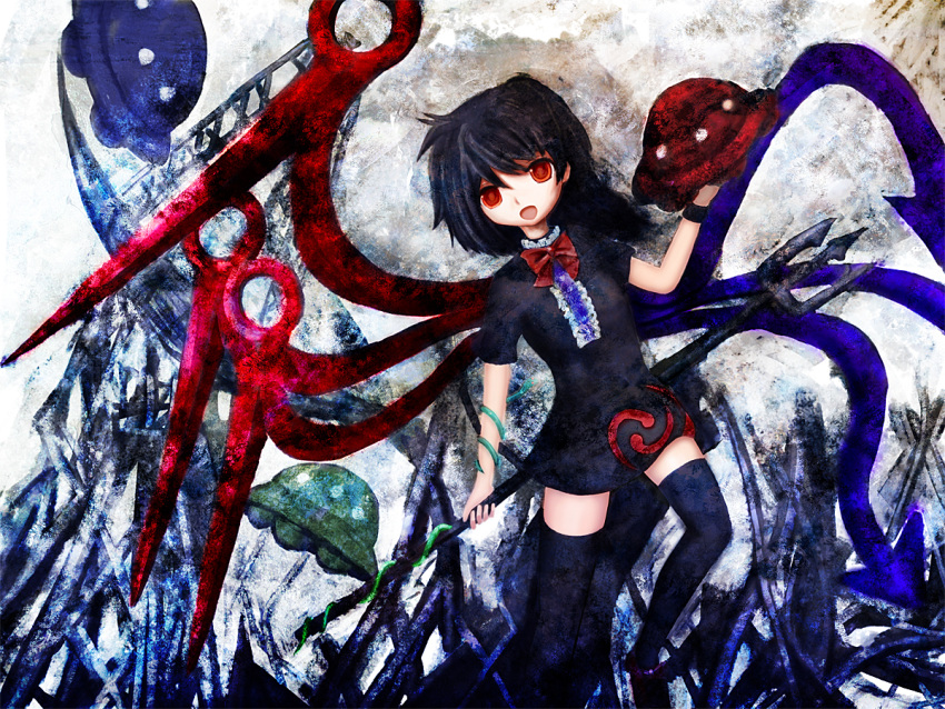 1girl, asymmetrical_wings, black_hair, black_legwear, bow, dress, houjuu_nue, open_mouth