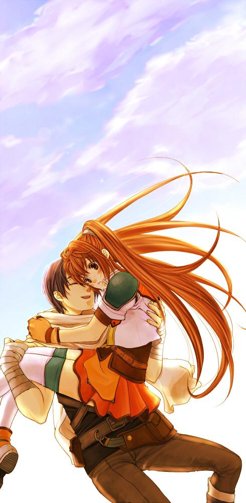 1girl, black_hair, brown_eyes, carrying, cloud, couple, dress, eiyuu_densetsu, estelle_bright, falcom, gloves, hana_(interstice), joshua_astray, long_hair, long_image, orange_dress, orange_hair, pants, princess_carry, shoes, skirt, sky, sora_no_kiseki, surprised, tall_image, thigh-highs, thighhighs, twintails, white_legwear