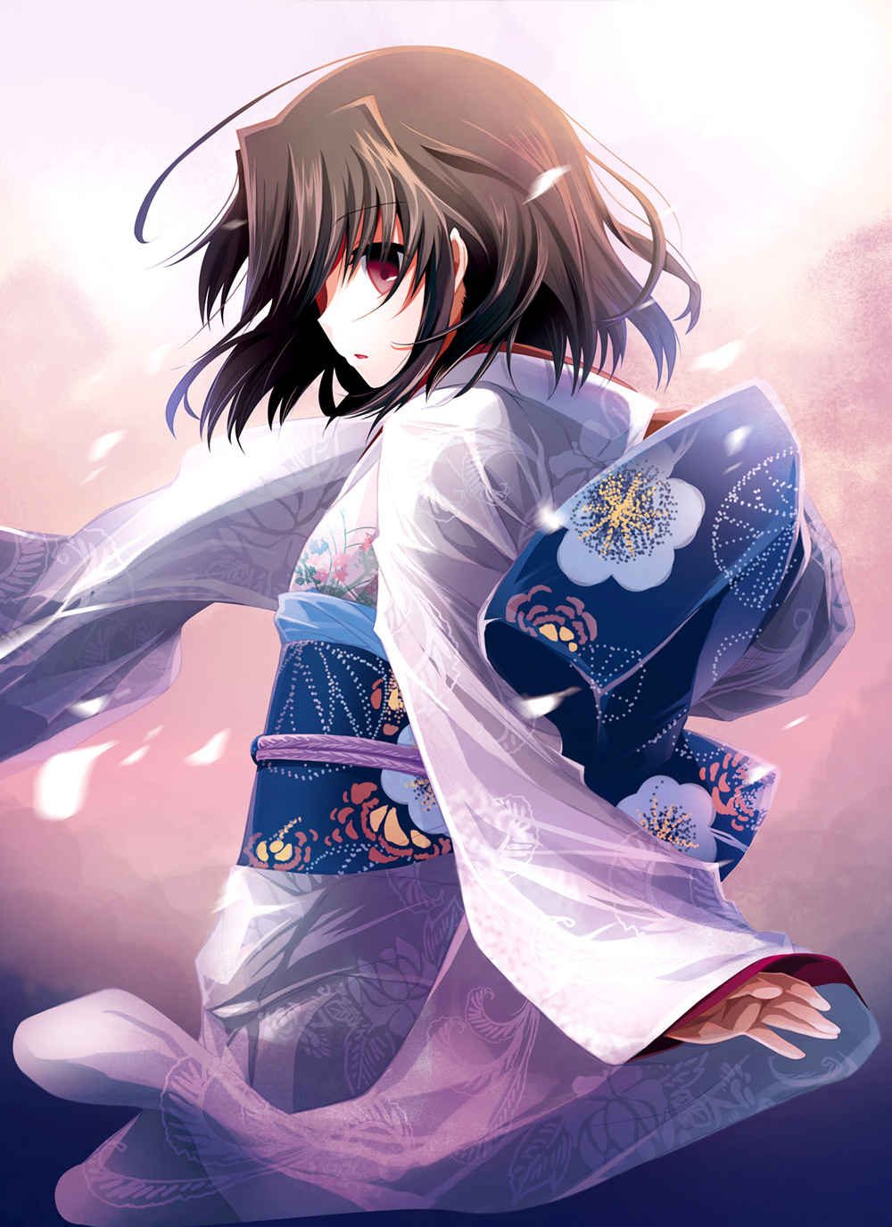 highres, japanese_clothes, kara_no_kyoukai, kimono, obi, petals, pink_eyes, red_eyes