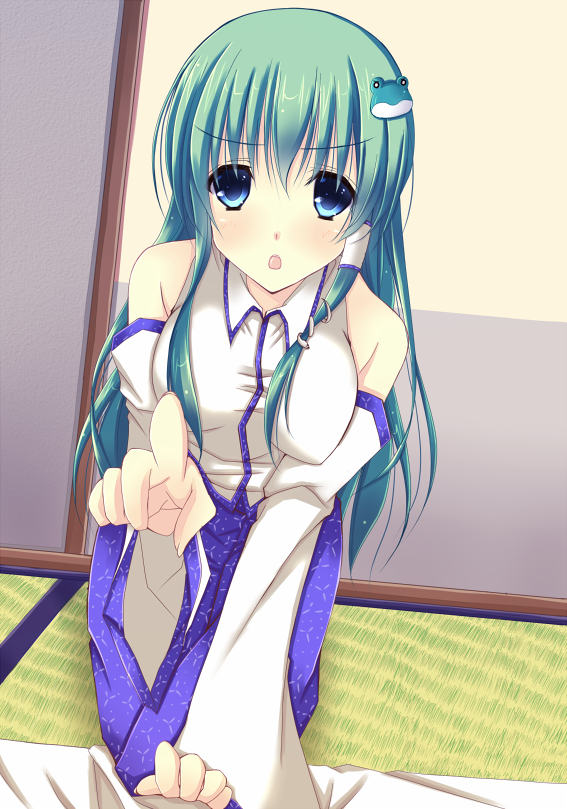 bad_id, blush, breasts, detached_sleeves, frog, green_eyes, green_hair, hair_ornament
