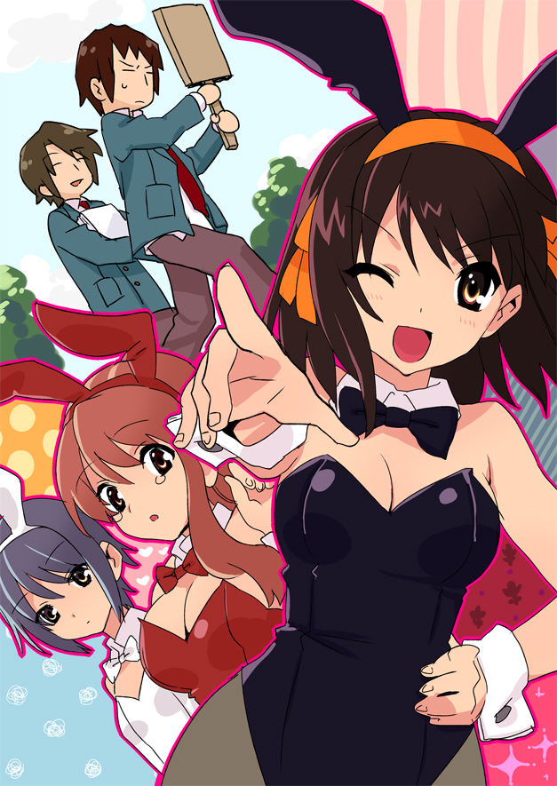 asahina_mikuru, bowtie, bunny_ears, bunnysuit, detached_collar, hair_ribbon, koizumi_itsuki, kyon, nagato_yuki, pantyhose, ribbon, satou_shino, suzumiya_haruhi, suzumiya_haruhi_no_yuuutsu, wink, wrist_cuffs