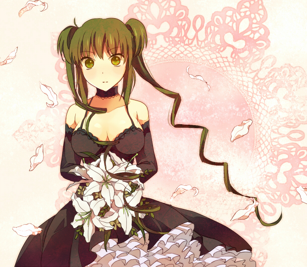1girl, bare_shoulders, black_dress, black_gloves, bouquet, breasts, choker, cleavage