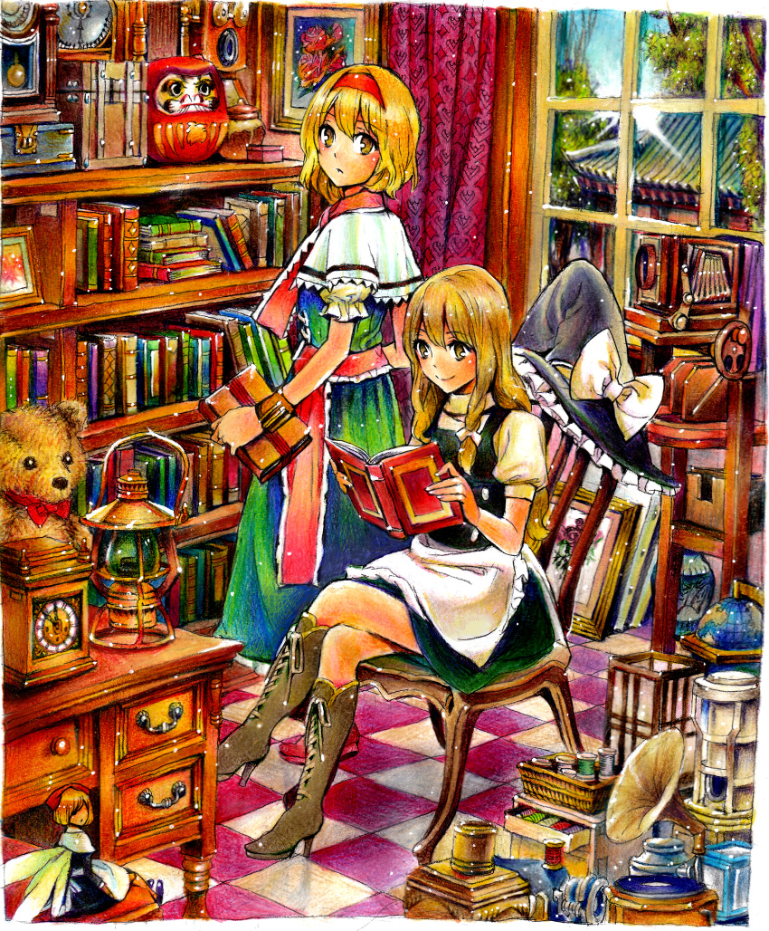 alice_margatroid, alternate_eye_color, apron, bellows_camera, blonde_hair, blue_dress, book, bookshelf