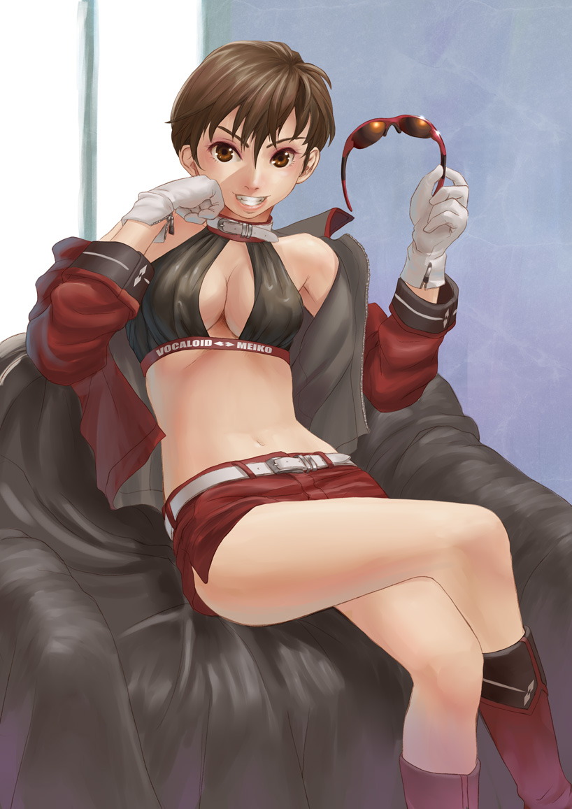 1girl, alternate_hairstyle, boots, breasts, brown_eyes, brown_hair, cleavage, crossed_legs