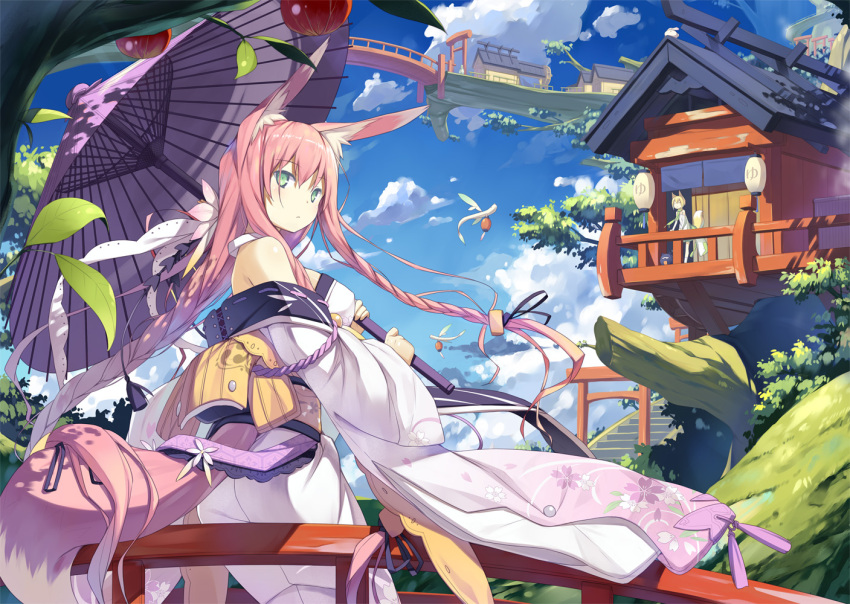 animal_ears, bare_shoulders, blonde_hair, braid, bridge, closed_eyes, cloud, eyes_closed