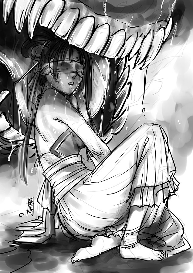 anklet, antaria, bare_shoulders, barefoot, blindfold, du_dou, human_sacrifice, jewelry