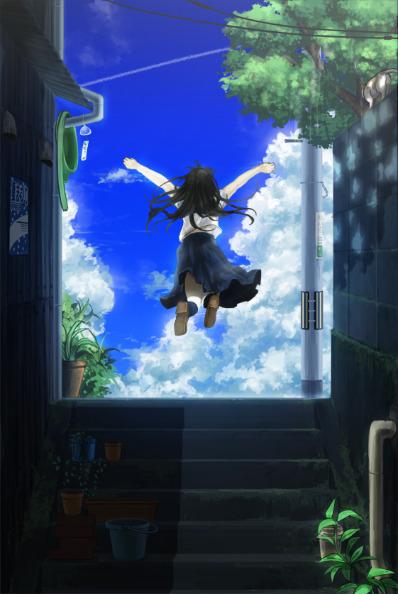 amemura, amemura_(caramelo), arms_up, black_hair, cat, cloud, condensation_trail, contrail