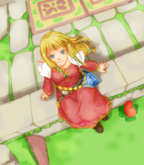 1girl, blonde_hair, blue_eyes, grass, long_hair, mon_(potton), nintendo, pointy_ears, princess_zelda, sitting, skyward_sword, smile, solo, the_legend_of_zelda