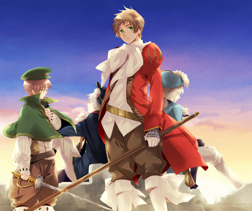 ahoge, axis_powers_hetalia, back-to-back, belt, bicorne, blonde_hair, bow, bowtie, brown_hair, capelet, child, closed_eyes, colored_eyelashes, cravat, eyes_closed, flower, france_(hetalia), gloves, green_eyes, gun, hand_on_own_chest, hat, hat_feather, hat_flower, highres, karashio, long_sleeves, male, multiple_boys, open_clothes, open_jacket, pants, peaked_cap, polearm, ponytail, prussia_(hetalia), puffy_sleeves, rapier, red_eyes, rifle, rose, serious, silver_hair, sitting, sky, smile, soldier, southern_italy_(hetalia), spain_(hetalia), standing, sunset, sword, uniform, weapon, white_gloves, white_legwear, white_rose, yellow_eyes, young