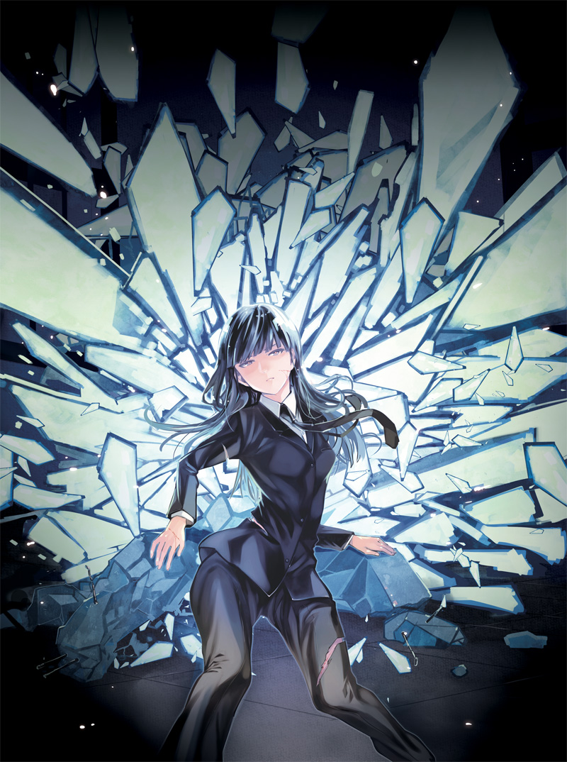 blood, cut, cuts, darker_than_black, female, formal, glass, hazuki_mina_(darker_than_black), hime_cut, injury, long_hair, necktie, ocha_(oteaaa), solo, suit, torn_clothes, yellow_eyes
