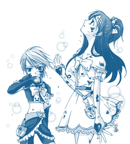 blood, cure_black, cure_white, futari_wa_precure, half_updo, long_hair, looking_up, magical_girl