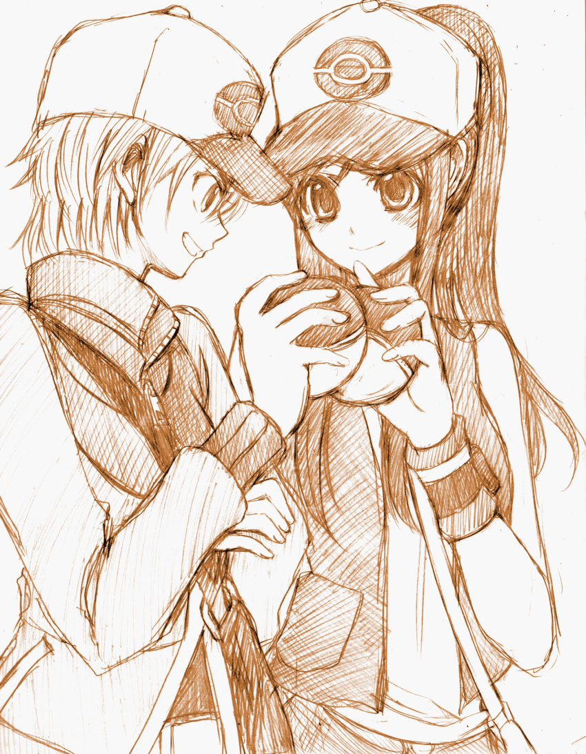 cosplay, eye_contact, futari_wa_precure, hat, highres, holding, holding_poke_ball, long_hair