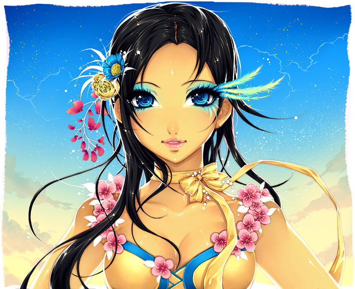 blue_eyes, breasts, choker, cleavage, cloud, clouds, eyeshadow, feathers
