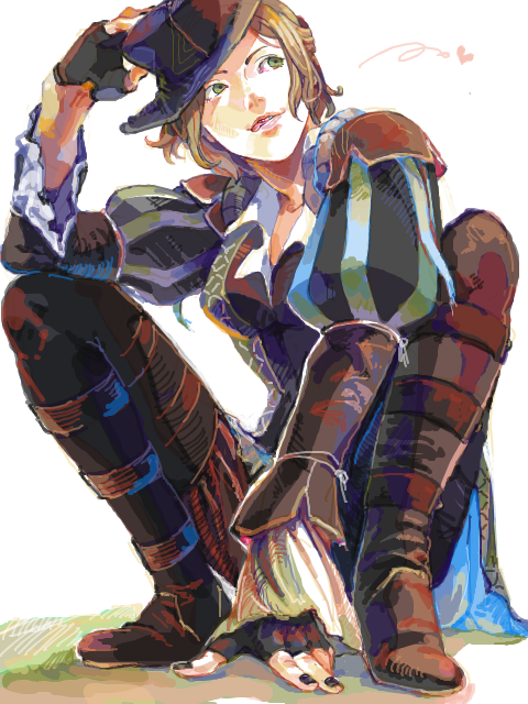 arm_guard, arm_guards, assassin's_creed, assassin's_creed:_brotherhood, assassin's_creed, assassin's_creed:_brotherhood, blonde_hair, boots, collar, fingerless_gloves, gloves, green_eyes, hand_on_hat, hand_to_hat, hat, heart, kurozukuri, legs_folded, puffy_sleeves, renaissance, renaissance_clothes, short_hair, shoulder_pads, simple_background, solo, squatting, the_thief, tongue, tongue_out, vambraces