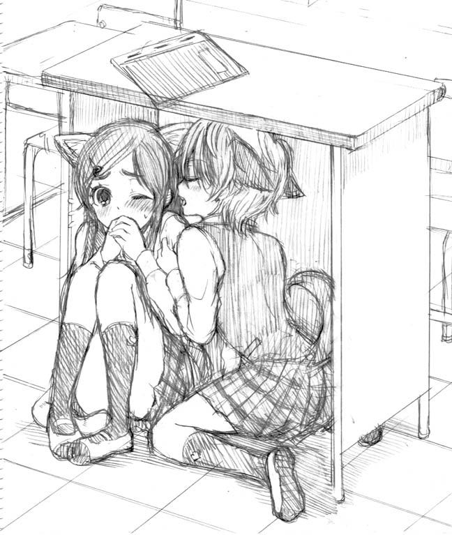 animal_ears, blush, futari_wa_precure, kemonomimi_mode, long_hair, misumi_nagisa, monochrome, multiple_girls