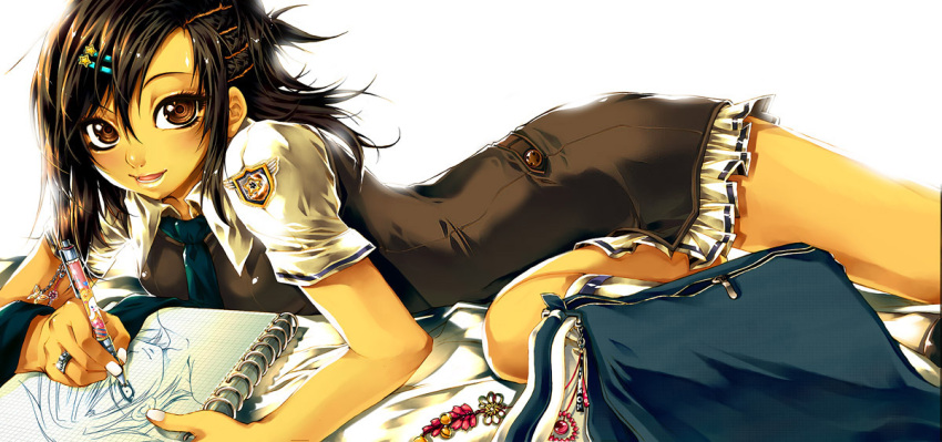 bag, brown_eyes, brown_hair, drawing, hair_ornament, hairclip, jewelry, judith_park