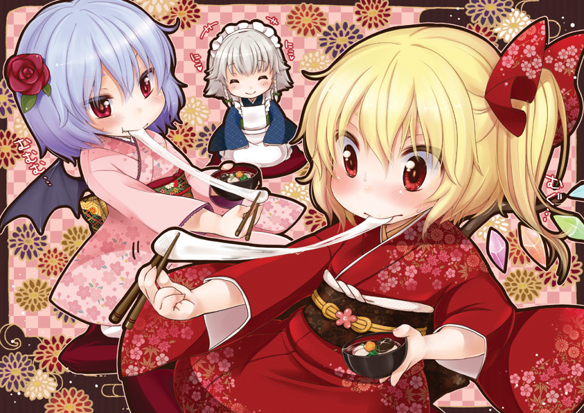 alternate_costume, apron, bad_id, bat_wings, blonde_hair, blush, bow, bowl, braid, checkered, checkered_background, chopsticks, closed_eyes, eating, eyes_closed, fang, flandre_scarlet, floral_background, floral_print, flower, flower_on_head, food, furisode, grey_hair, hair_bow, hair_flower, hair_ornament, hair_ribbon, izayoi_sakuya, japanese_clothes, kimono, lavender_hair, long_sleeves, maid, maid_headdress, mochi, multiple_girls, new_year, no_hat, no_headwear, obi, pulling, red_eyes, remilia_scarlet, ribbon, seiza, short_hair, side_ponytail, silver_hair, sitting, smile, touhou, twin_braids, wagashi, wide_sleeves, wings, yukiu_kon, zoni_soup, zouni_soup