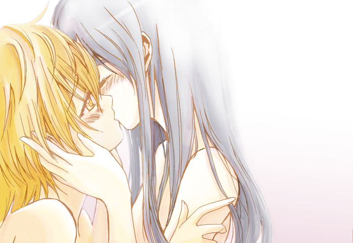 blush, closed_eyes, eyes_closed, female, futari_wa_precure, hands_on_another's_face, hands_on_another's_face, kiss, long_hair, misumi_nagisa, multiple_girls, nekoyanagi_matasaburou, nude, precure, yellow_eyes, yukishiro_honoka, yuri