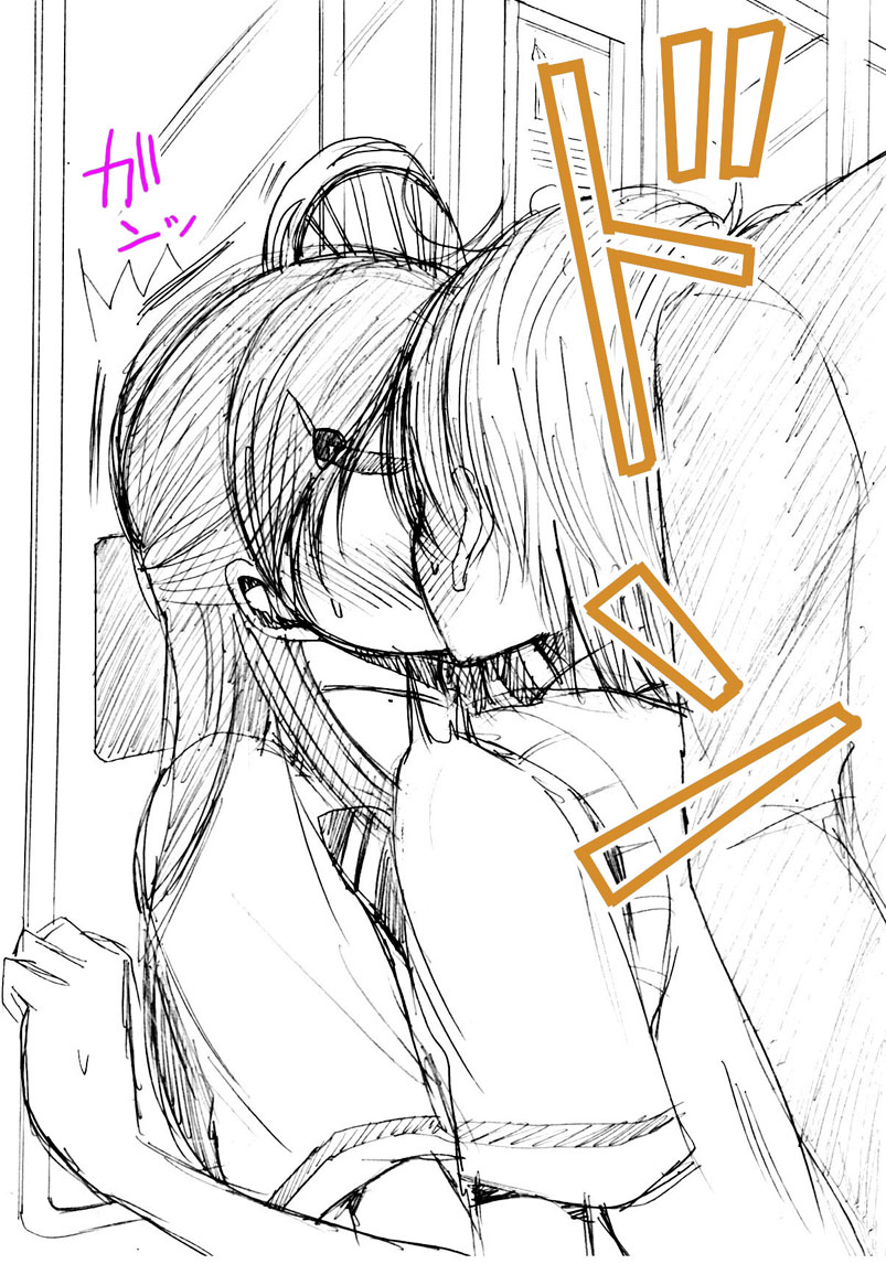 blush, futari_wa_precure, kiss, long_hair, misumi_nagisa, monochrome, multiple_girls, nekoyanagi_matasaburou