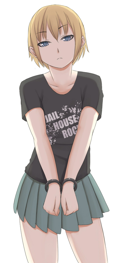 bondage, cuffs, frown, handcuffs, kon_futaba, pinkwaters, pleated_skirt, simple_background