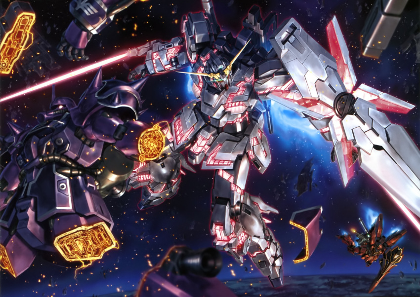 beam_rifle, damaged, energy_sword, epic, geara_zulu, glowing, gun, gundam