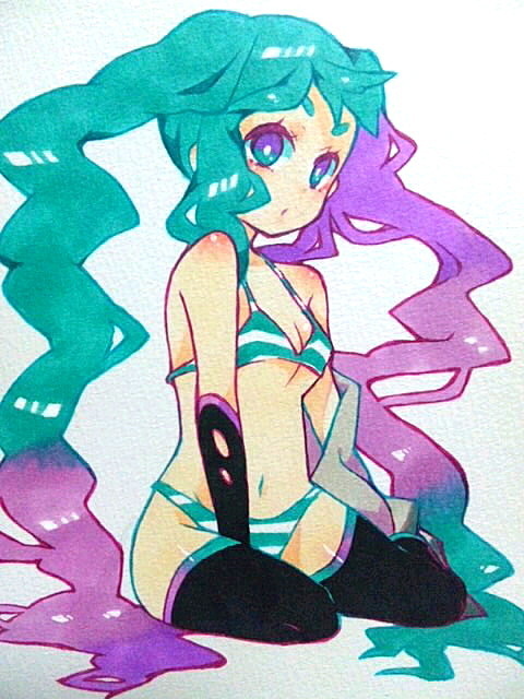 aqua_eyes, aqua_hair, bikini, faux_traditional_media, gradient_hair, hatsune_miku, long_hair, momokan_(mmkn100), multicolored_hair, purple_hair, sitting, solo, swimsuit, thigh-highs, thighhighs, twintails, two-tone_hair, very_long_hair, vocaloid