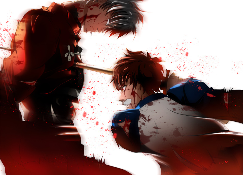 archer, blood, blood_on_face, brown_hair, emiya_shirou, fate/stay_night, fate_(series), injury