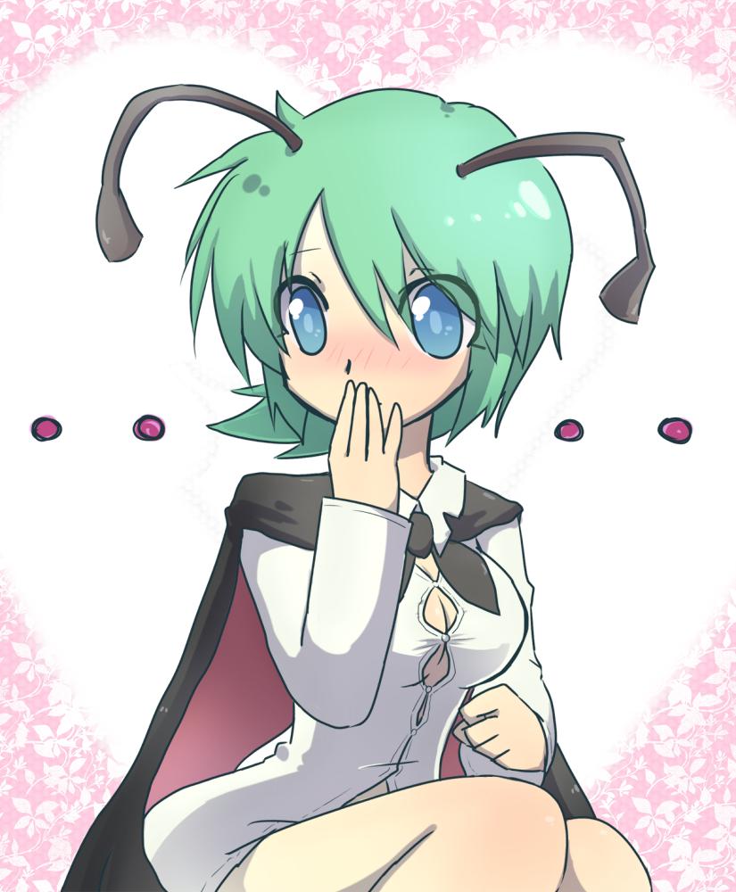 1girl, adult, antennae, blue_eyes, blush, bottomless, breasts, bursting_breasts, bust, cape, capelet, covering_mouth, dress_shirt, green_hair, hand_to_mouth, no_pants, shirt, short_hair, sitting, solo, suzumusi, teenage, touhou, wriggle_nightbug