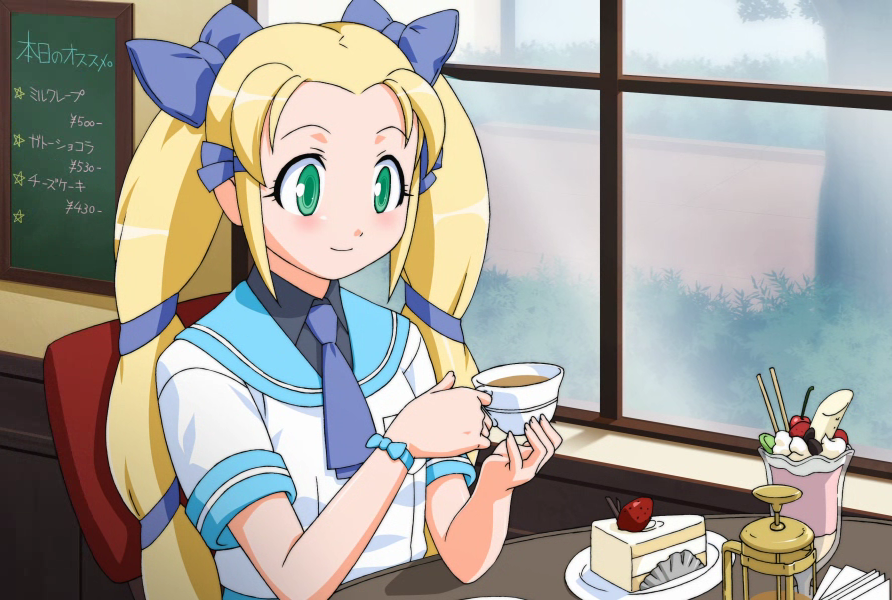 blonde_hair, bow, bracelet, cafe, cake, cup, duplicate, food