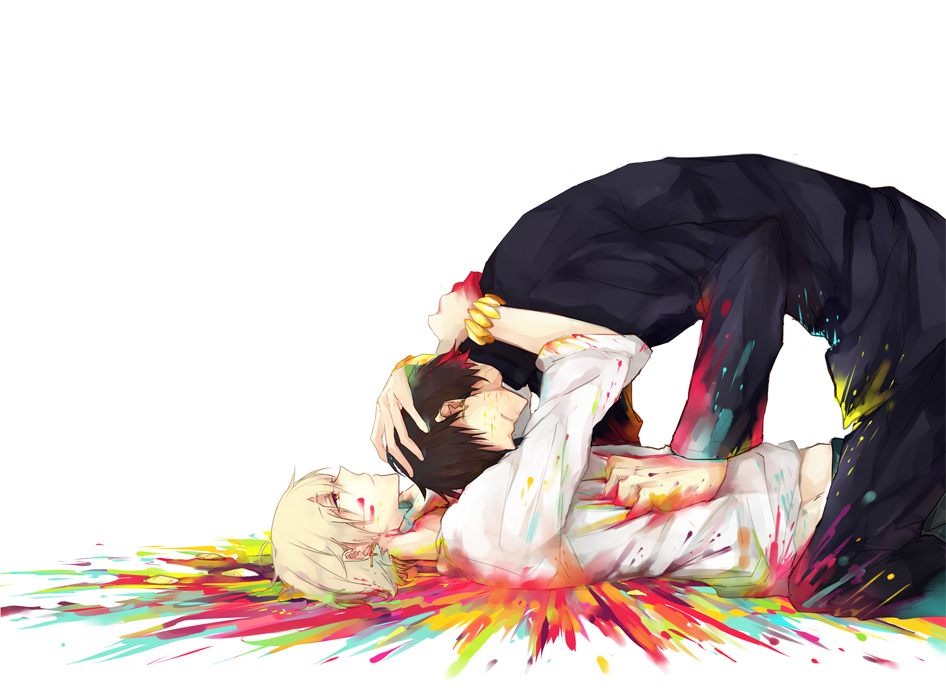 9tsumura, blonde_hair, blood, brown_hair, casual, cross, cross_earrings, earrings