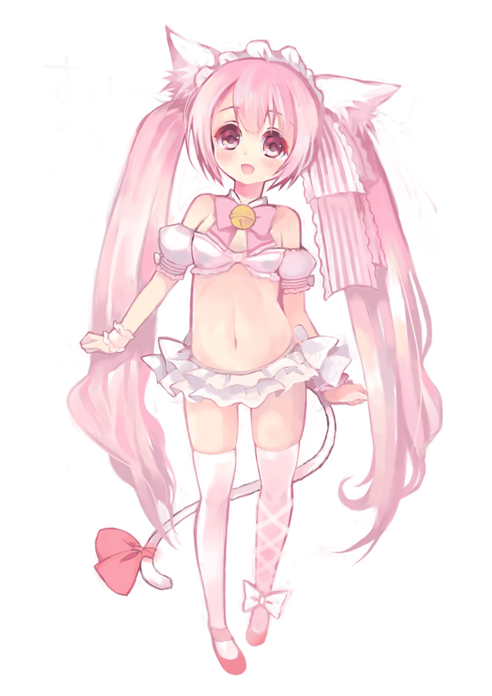 animal_ears, bare_shoulders, bell, bikini, cat_ears, cat_tail, detached_collar, fang