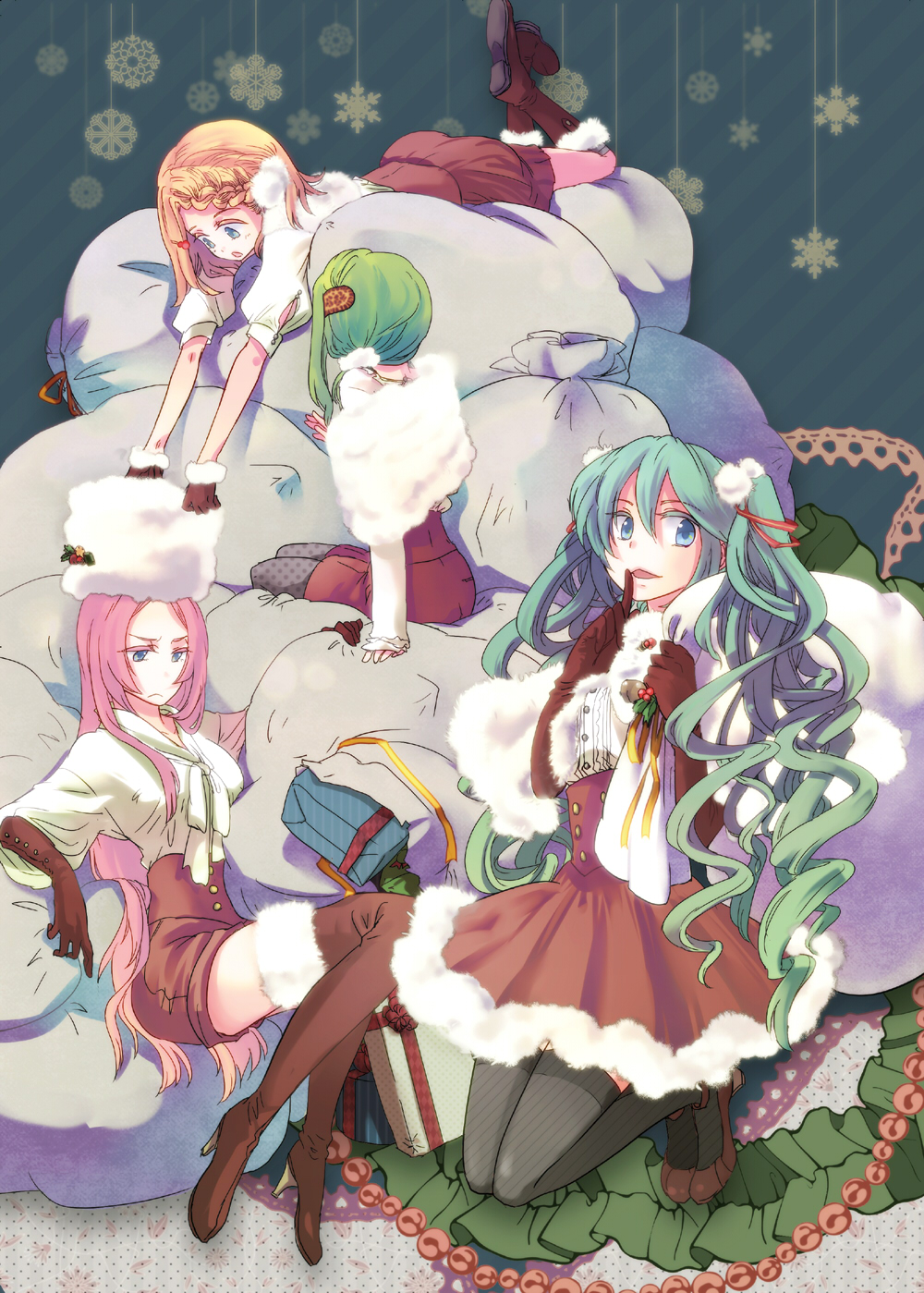 aqua_hair, bag, black_legwear, blonde_hair, blue_eyes, boots, braid, from_behind, gift, gloves, green_hair, gumi, hair_ornament, hairclip, hatsune_miku, highres, kagamine_rin, kneeling, long_hair, matsu_(nia), megurine_luka, multiple_girls, pink_hair, short_hair, sitting, skirt, smile, thigh-highs, thigh_boots, thighhighs, twintails, very_long_hair, vocaloid, wavy_hair