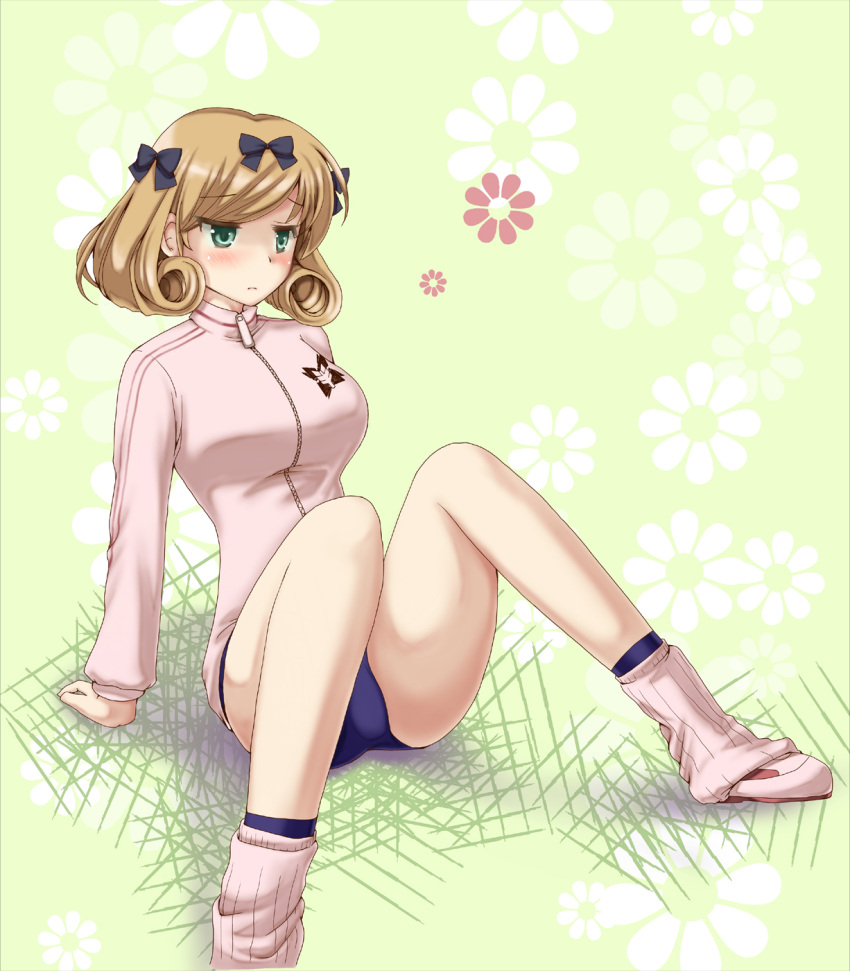 blush, breasts, buruma, cosplay, curly_hair, flower, frown, green_eyes