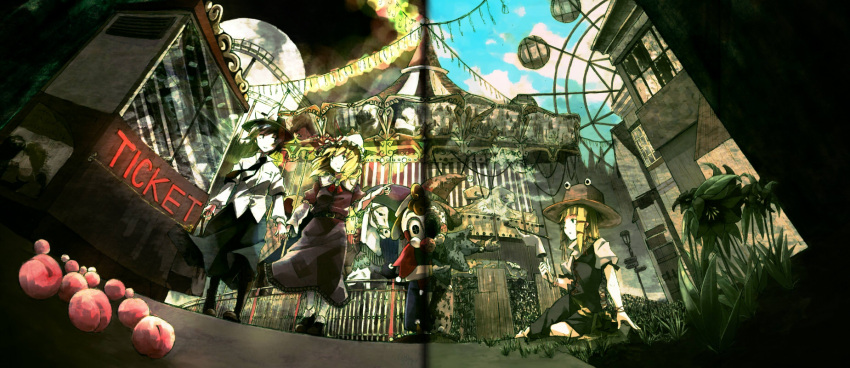 blonde_hair, carnival, comparison, ferret, ferris_wheel, hand_holding, hat, highres