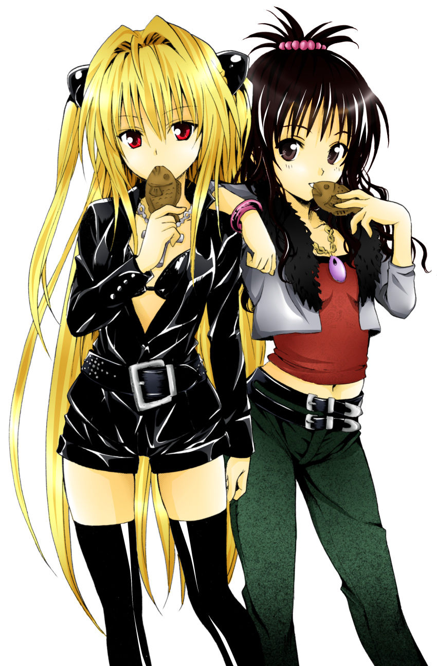 absurdres, belt, blonde_hair, bra, bracelet, brown_eyes, brown_hair, camisole, casual, colored, cross, fish, flat_chest, food, highres, jeans, jewelry, konjiki_no_yami, lingerie, long_hair, midriff, multiple_girls, navel, necklace, open_clothes, open_shirt, red_eyes, shiny, shiny_clothes, shirt, shorts, taiyaki, thigh-highs, thighhighs, to_love-ru, underwear, very_long_hair, vinyl, wagashi, white_background, yuuki_mikan, zettai_ryouiki