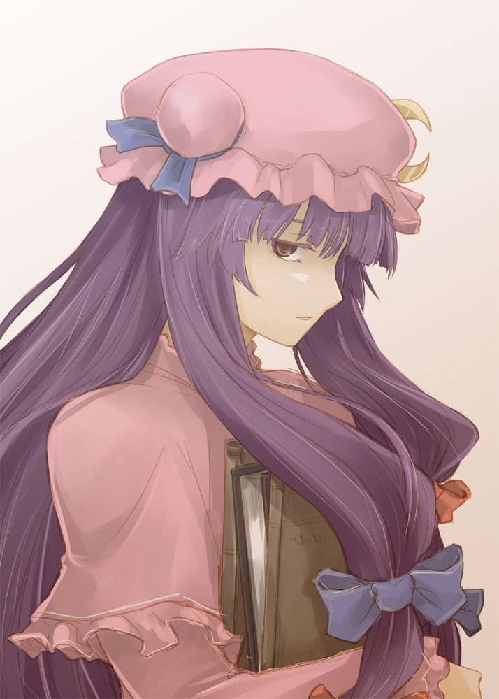 book, bow, brown_eyes, bust, crescent, hair_bow, hat, long_hair, patchouli_knowledge, purple_hair, solo, touhou, yuki_tokito