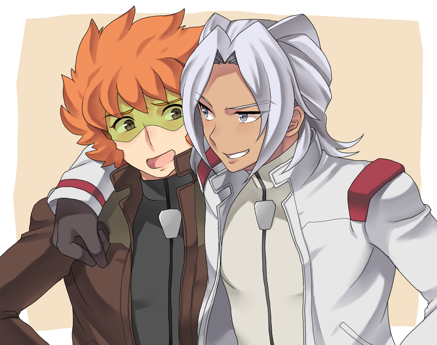 arm_around_neck, black_gloves, blue_eyes, dark_skin, gloves, grin, gundam, gundam_age, inaho, largan_drace, male, multiple_boys, open_clothes, open_jacket, open_mouth, orange_hair, smile, sunglasses, tan, white_hair, woolf_enneacle
