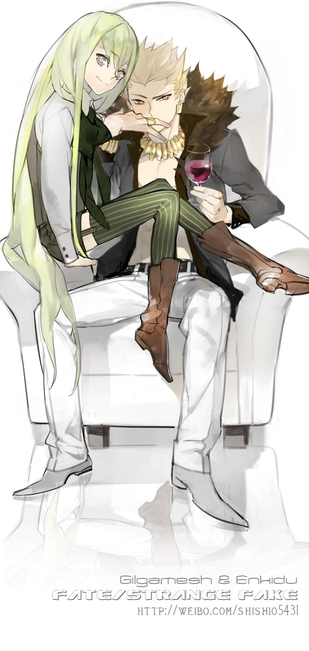 alternate_costume, androgynous, blonde_hair, boots, enkidu_(fate/strange_fake), fate/stay_night, fate/strange_fake, fate_(series)