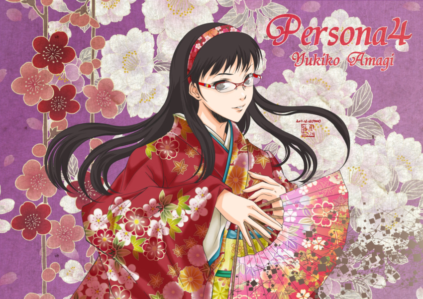amagi_yukiko, black_eyes, black_hair, fan, folding_fan, glasses, hairband, highres, japanese_clothes, kimono, littlewing-fordreamer, long_hair, persona, persona_4, smile, solo