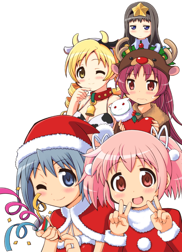 :3, akemi_homura, animal_ears, bell, bell_collar, bikini_top, black_hair, blonde_hair, blue_eyes, blue_hair, blush, bow, breasts, capelet, christmas, cleavage, collar, cow_bell, cow_ears, cow_print, creature, double_v, drill_hair, everyone, finger_to_mouth, frown, hair_ribbon, hat, horns, in_container, kaname_madoka, kyubey, long_hair, looking_at_viewer, mahou_shoujo_madoka_magica, miki_sayaka, multiple_girls, party_popper, pink_eyes, pink_hair, red_eyes, red_hair, redhead, reindeer, ribbon, sakura_kyouko, santa_costume, santa_hat, short_hair, simple_background, star, tomoe_mami, twin_drills, twintails, v, white_background, wink, yuuki_akira