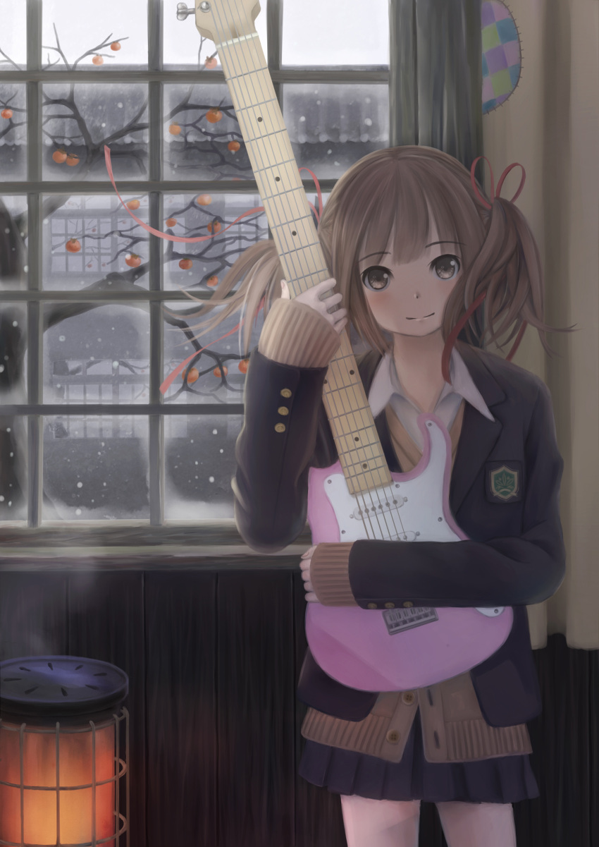 blazer, brown_eyes, brown_hair, guitar, hair_ribbon, heater, highres, instrument