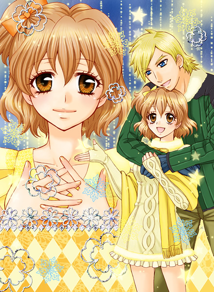 1girl, argyle, argyle_background, blonde_hair, blue_eyes, bow, brown_eyes, brown_hair