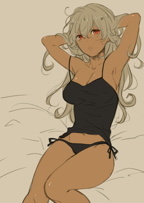 armpits, blonde_hair, breasts, cleavage, dark_skin, genderswap, large_breasts, legs, ourobunny, panties, red_eyes, shiramatsu, side-tie_panties, solo, tiger_&amp;_bunny, underwear