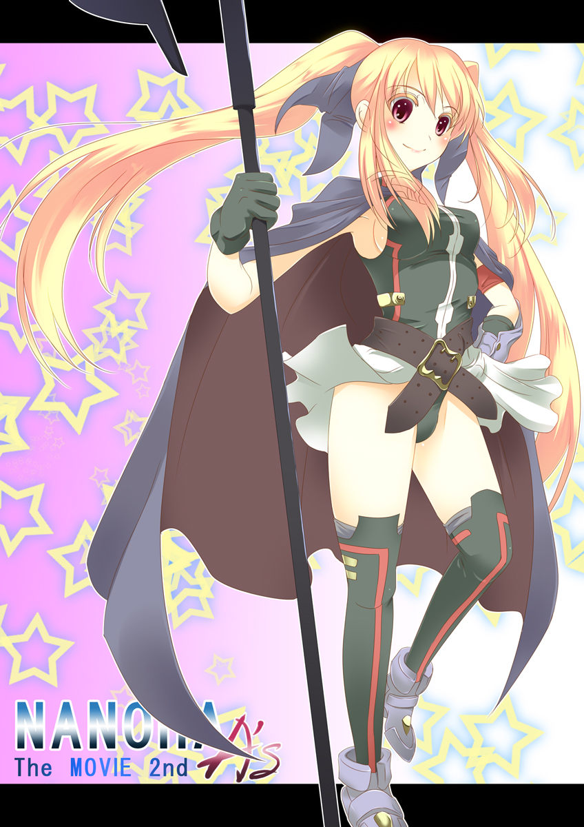 bardiche, blonde_hair, cape, fate_testarossa, gloves, highres, leotard, long_hair